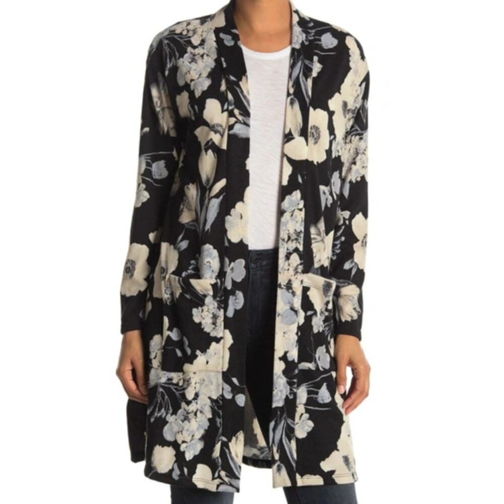 NWT West Kei Hachi Knit Open Long Cardigan in Black Floral Size XS/Extra Small